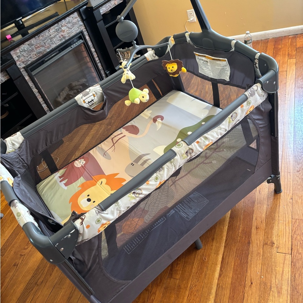 Gray Baby Playpen with Animal Print